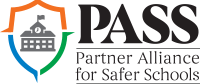 PASS logo: shield emblem in orange, blue, and green with a small school building and the text Partner Alliance for Safer Schools.