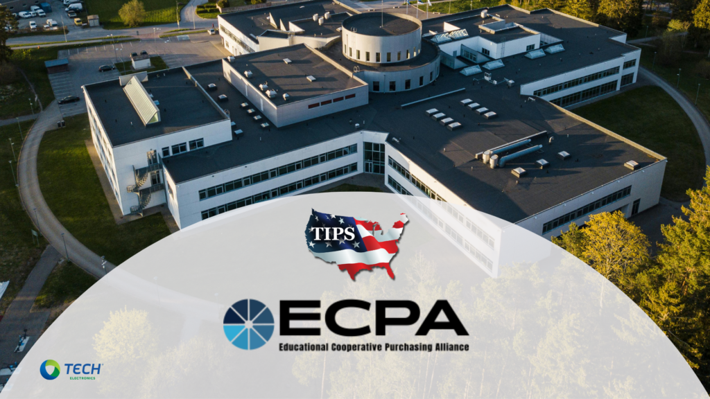 Aerial view of a white, multi-building corporate campus with a curved, translucent overlay banner displaying TIPS, ECPA, and Tech logos.
